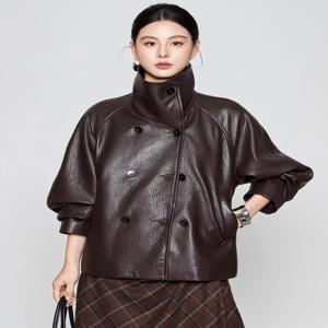 캐주얼 정품 가죽 오토바이 자켓 여성 봄 가을 하이 엔드 심플 루즈 빈티지 버블 리얼 염소 가죽 코트 벨트 포함