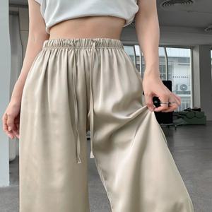 실키 아세테이트 아이스 실크 와이드 레그 팬츠 드로스트링 캐주얼 루즈 스트레이트 컷 여름 다용도 롱 팬츠 여성 바지