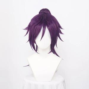 Shihouin Yoruichi 코스프레 가발 고온 섬유 합성 머리 보라색 혼합 긴 칩 포니 테일 + 가발 모자