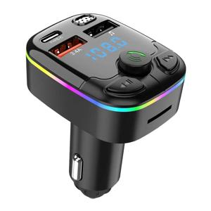 블루투스 5.0 차량용 FM 송신기 PD C타입 듀얼 USB 충전기, 주변광 포함, 무선 핸즈프리 MP3 플레이어, QC3.0, C타입 PD 18W