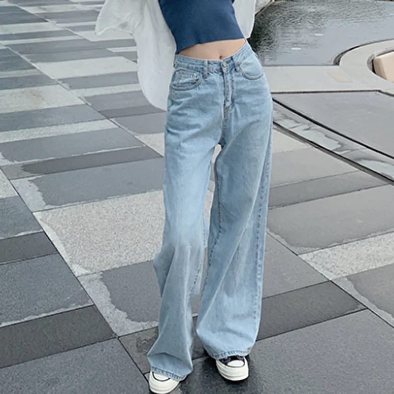 여성용 용수철 청바지, 데님 바지, 빈티지 스트레이트 바지, 여성 패션, 화이트 블랙 솔리드, 루즈 캐주얼 와이드 레그 팬츠, 가을