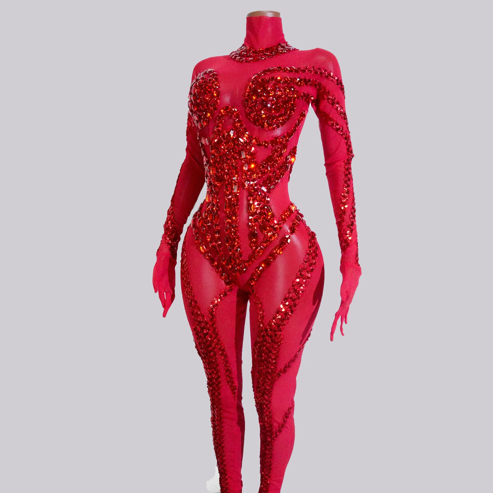 쇼걸 의상 시스루 반짝이 레드 라인스톤 점프 슈트 스팽글 무대 클럽 착용 댄스 공연 파티 고고 복장 드래그