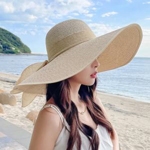 여성용 해변 리본 비치 모자 오버사이즈 밀짚모자 여성용 여름 햇빛 차단 큰 챙 모자 자외선 차단에 적합