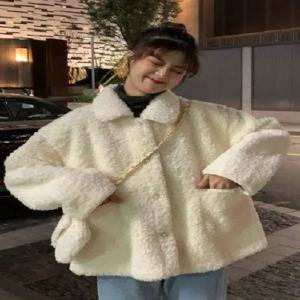 여성용 두꺼운 양털 벨벳 재킷 가을 겨울 루즈핏 캐주얼 따뜻한 귀여운 플리스 안감 다용도 아우터 폴로 칼라 버튼 여밈