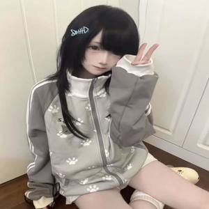 2026 일본 고양이 자수 그랜지 스웨트셔츠 여성 Y2K 미학 패치워크 루즈 후디 캐주얼 스탠드 넥 후디 프레피 스타일