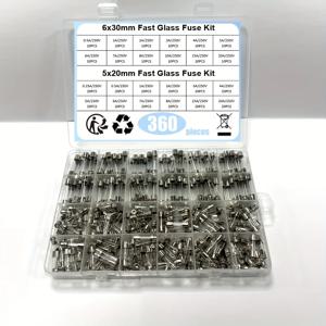 360개 유리 퓨즈 모음 키트 24가지 값 - 250V 0.5A-25A, 5x20mm & 6x30mm 직경, 자동차용 전기 퓨즈