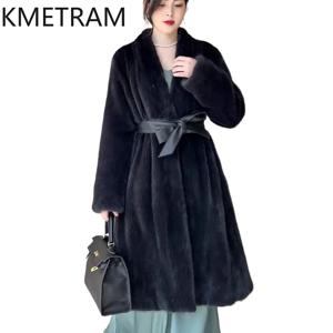 KMETRAM 퍼플 벨벳 100% 밍크 퍼 재킷 여성용 V넥 롱 리얼 밍크 퍼 코트 벨트 포함 겨울 여성 의류 2026 퍼레