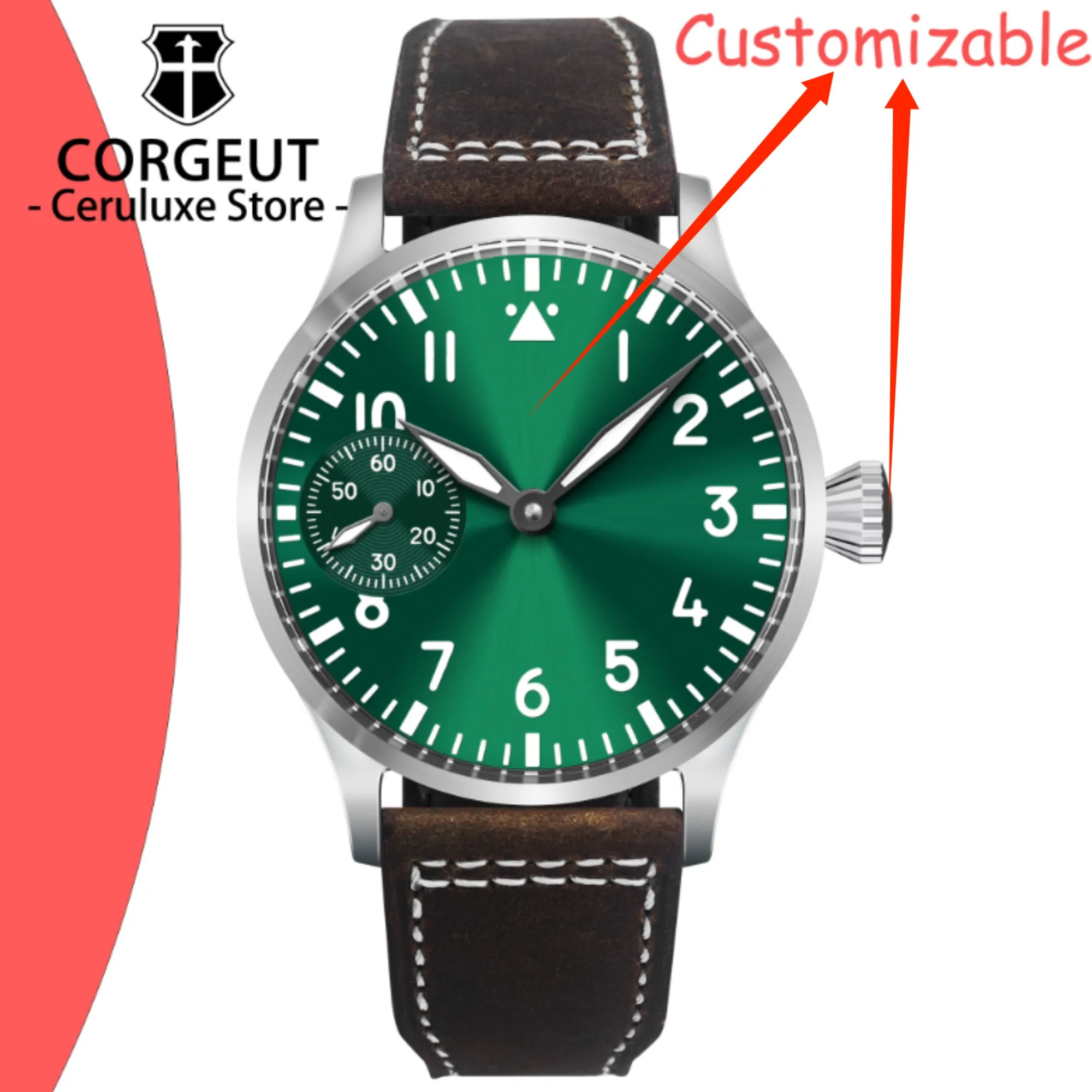 커스텀 로고 42mm 야광 다이얼 사파이어 글래스 수동 와인딩 무브먼트 316L 스틸 케이스 30M 방수 고급 남성용 시계
