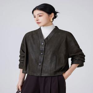 여성용 V 넥 짧은 정품 가죽 자켓 심플 레트로 워싱 양면 착용 캐주얼 루즈 리얼 염소 가죽 코트