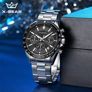 X-GEAR 남성용 시계 고품질 3아이 6핸드 쿼츠 시계 남성용 스테인리스 스틸 스트랩 드레스 캐주얼 손목시계