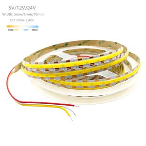 CCT COB LED 스트립 DC 5V 12V 24V 2700K ~ 6500K 고밀도 유연한 디밍 가능 선형 LED 테이프 5mm 8mm 10mm RA90 듀얼 컬러