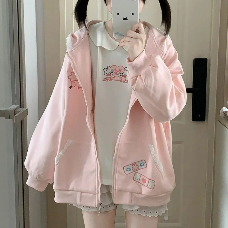 일본 만화 토끼 프린트 캐주얼 카와이 후드티 Y2K 감성 레이스 토끼 귀 여성 후디 하라주쿠 가을 지퍼 스웨트셔츠