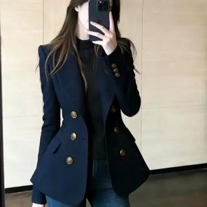 프랑스 고급 네이비 블루 더블 브레스티드 블레이저 자켓 아우터 여성용 2026 봄 신상 패션 루즈핏 통근복 자켓 탑