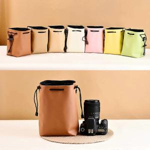미러리스 DSLR 카메라 가방용 방수 보호 렌즈 삽입 슬리브가 있는 고급스러운 PU 가죽 드로스트링 카메라 파우치 (여성용 여행 가방)