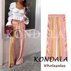 KONDALA 세련된 스트라이프 Y2K 패션 2026 여름 긴 바지 지퍼 와이드 레그 포켓 바지 스트레이트 여성 캐주얼 우아한 바지