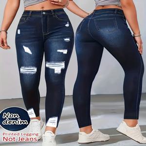 【Non-Denim】여성용 인조 데님 프린트 레깅스, 스포츠 캐주얼 스키니 팬츠, 얇고 부드러운 피부 친화적인 요가 팬츠, 올시즌 롱 팬츠