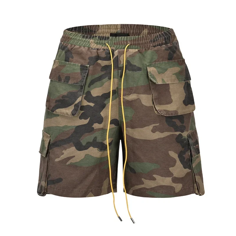 여름 새로운 패션 남자의 멀티 포켓 위장 Drawstring 청바지 무릎 길이 반바지 캐주얼 유행 느슨한 데님 카고 반바지 남성