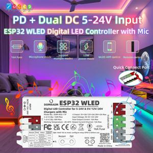 DOMRAEM ESP32 2채널 WLED 어드레서블 LED 컨트롤러 내장 마이크로폰 PD 5V/12V/20V 및 DC 5-24V 광범위 입력 16A 퓨즈 지원