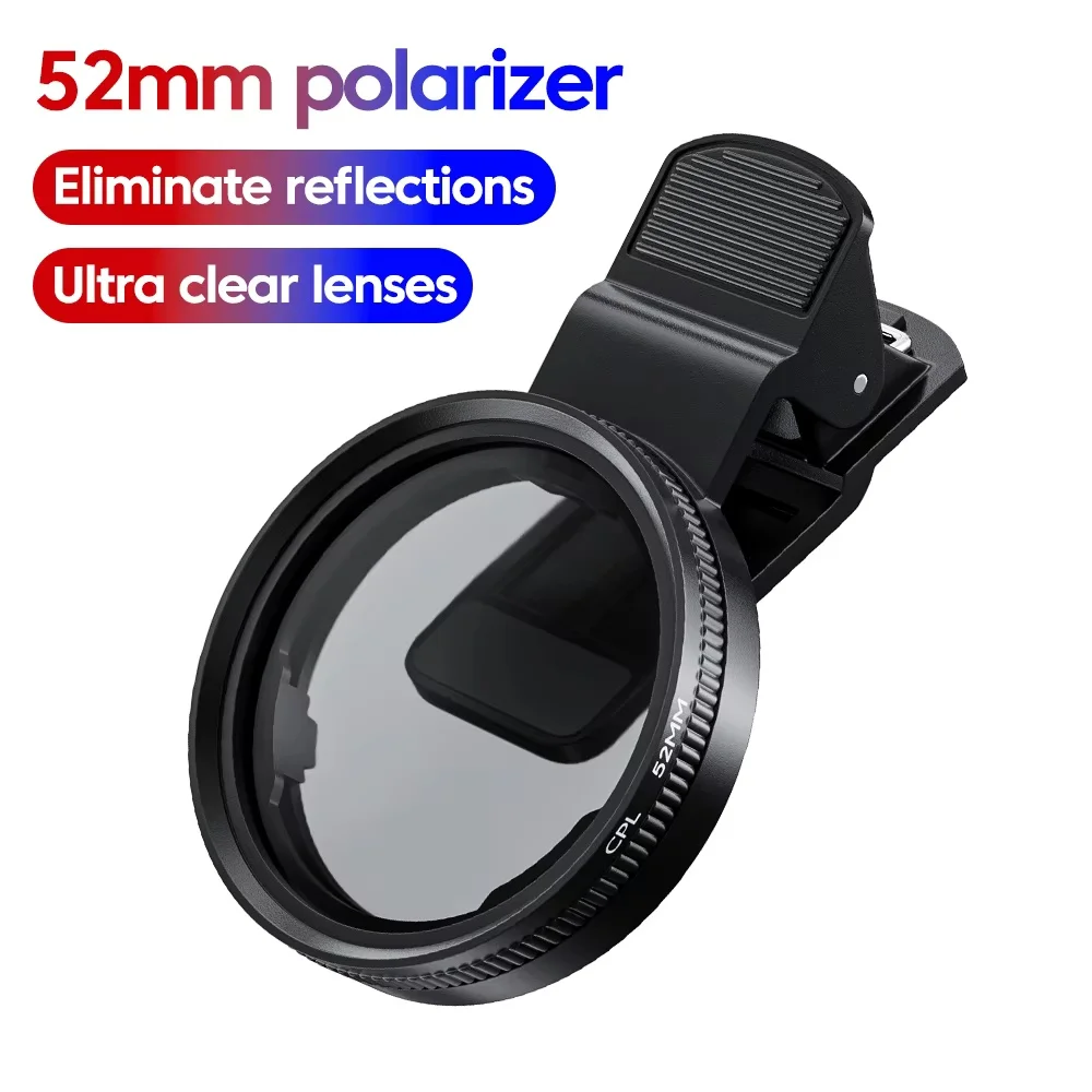 52MM 원형 범용 휴대용 편광 카메라 렌즈 클립 CPL / UV 필터 키트 (아이폰, 화웨이, 샤오미, 삼성용)