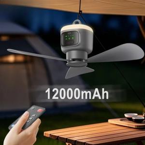 12000mAh 휴대용 천장 선풍기 야외 캠핑 팬 텐트 공기 순환기 쿨러 충전식 전기 팬 원격 제어 LED 조명