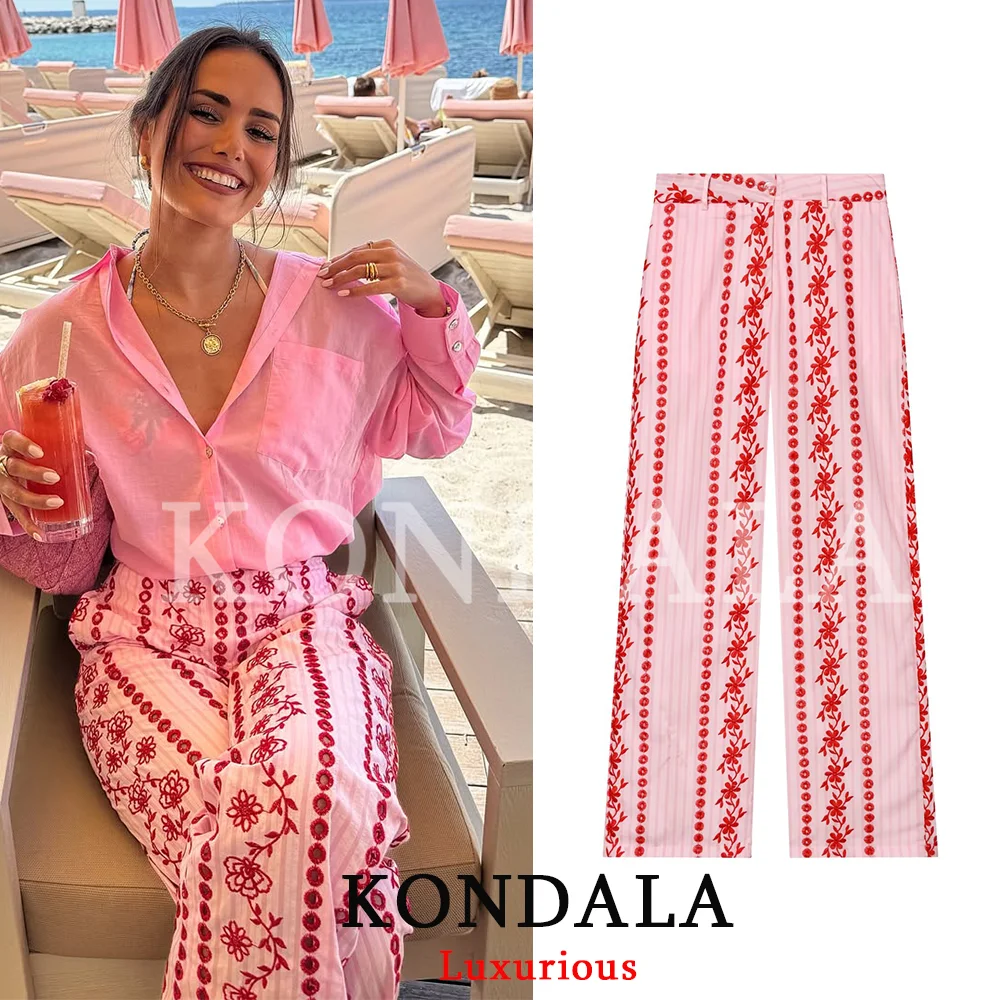 KONDALA Boho 세련된 핑크 자수 여성 바지 와이드 레그 빈티지 홀리데이 여성 바지 패션 2026 여름 우아한 롱 바지