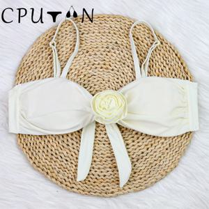 CPUTAN 3D 플라워 2024 섹시한 화이트 비키니 세트, 푸시업 수영복, 솔리드 티팬티 비키니 수영복, 소녀 목욕 세트, 여름 비치웨어