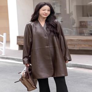여성용 V넥 롱 천연 가죽 재킷, 하이엔드 심플 싱글 브레스트 벨트, 리얼 양가죽 트렌치 코트, 용수철 가을