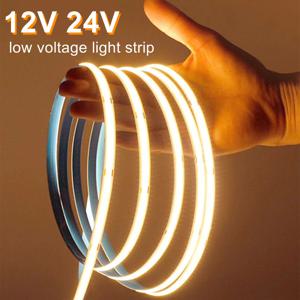 롤 당 5M 10M COB LED 스트립 DC12V 24V 8mm LED 조명 룸 침실 TV 장식 고밀도 소프트 유연한 네온 테이프 라이트 램프
