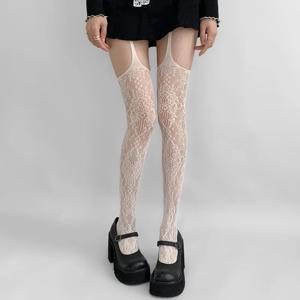 애니메이션 뜨거운 여자 가터 양말 여성 Y2K 하위 문화 흰색 레이스 자카드 스타킹 여성 섹시 할로우 Fishnet 허벅지 높은 양말