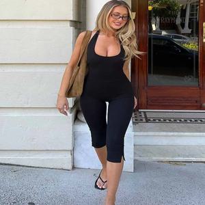 BKQU 캐주얼 심플 홀터 Playsuits 여성 솔리드 로우 넥 백 레스 스트레치 스키니 원피스 Rompers Yogo Sporty Classic Overalls
