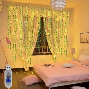1PC 3M100LED8 모드 USB 인공 아이비 잎 커튼 라이트 스트링, 따뜻한 백색광, 야외 정원 벽, 발코니에 적합