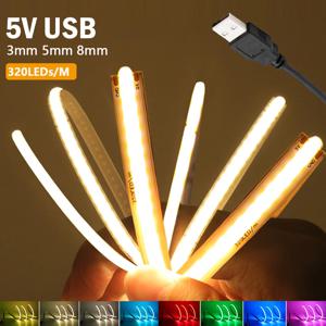 5V 3mm 5mm 8mm PCB COB LED 스트립 라이트 USB 전원 레드 그린 블루 핑크 웜 화이트 고밀도 320LEDs 플렉시블 리본 테이프 램프