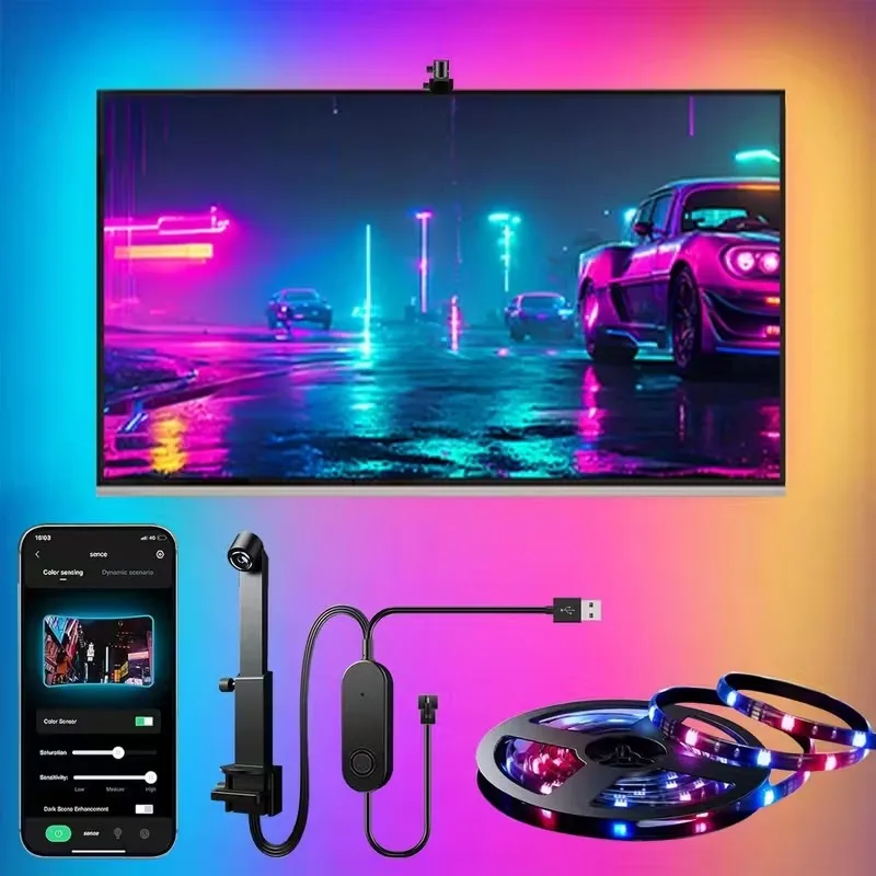 3.8M 5M 5V USB RGBIC LED 앰비라이트 TV용 AR 컬러 게넘 센서 탑재 TV 어댑티브 백라이트 RGB TV 싱크 라이트 스트립 앱 컨트롤
