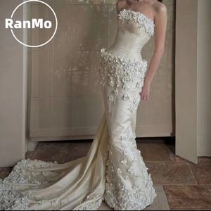 Ranmo 우아한 스트랩리스 아플리퀴네스 꽃무늬 민소매 분리형 인어 꽃 신부 웨딩 드레스 신부 가운 맞춤형