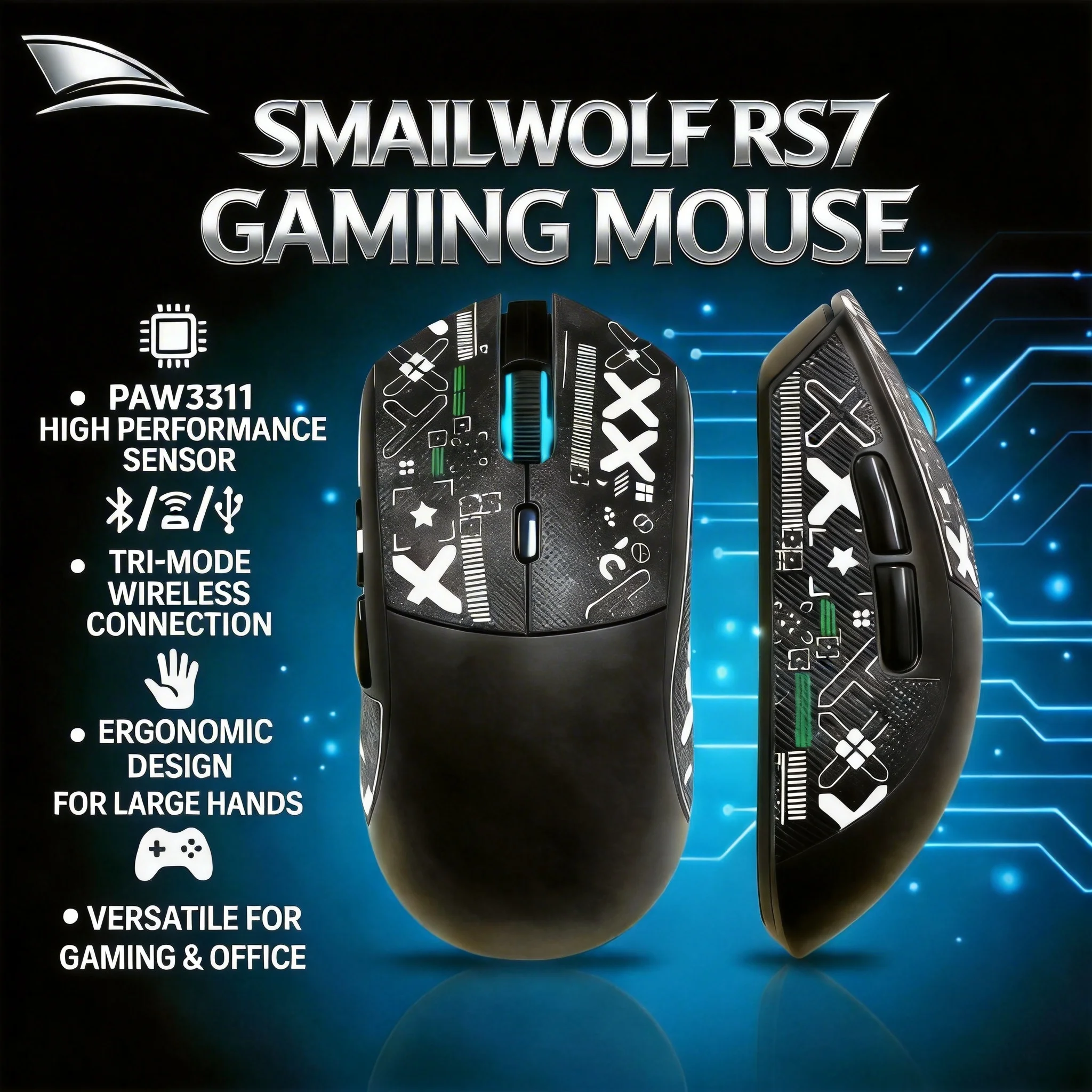 SMAILWOLF RS7 블루투스 무선 마우스 3가지 모드 게이밍 노트북 데스크탑 컴퓨터 게임용 PAW3311 큰 손에 적합