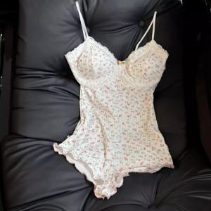 여성 섹시한 꽃 프린트 바디 슈트 레이스 트림 민소매 슬림 피트 레오타드 여름 점프 슈트 romper 섹시한 속옷 nightwear 란제리