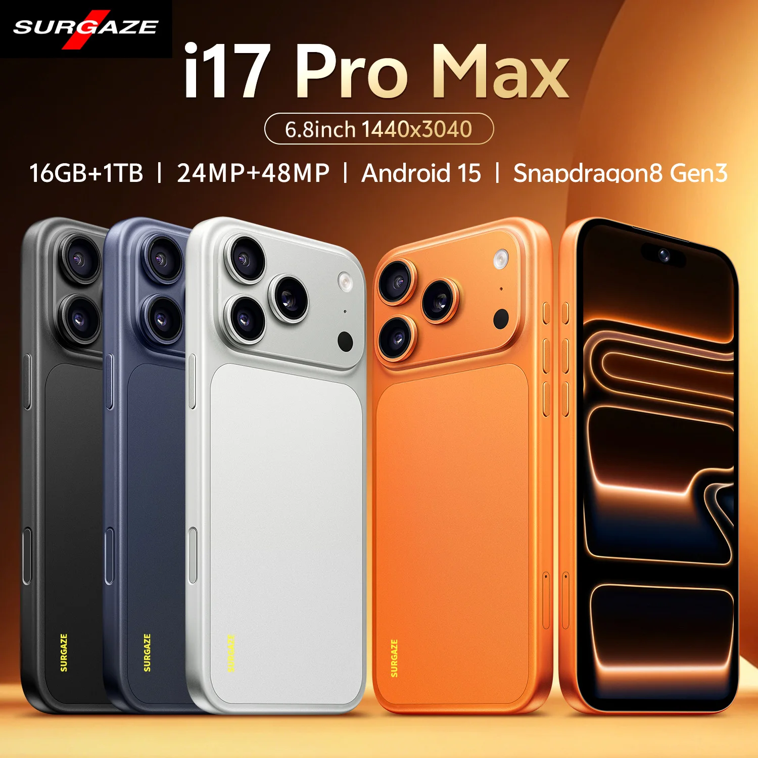 SURGAZE 새로운 고성능 i17 Pro Max 스마트폰 5000mAh 16GB+1TB 6.8인치 4G 5G 듀얼심 글로벌 버전 휴대폰 출시