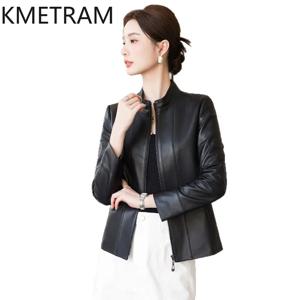 KMETRAM 100% 리얼 탑그레인 양가죽 자켓 여성용 숏 슬림 코트 스탠드 칼라 가을 자켓 2026 여성 의류 가죽자켓