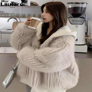 Lautaro 가을 겨울 느슨한 캐주얼 털이 얽히고 설킨 부드러운 따뜻한 가짜 모피 코트 여성 후드 긴 소매 지퍼 한국 패션 2022