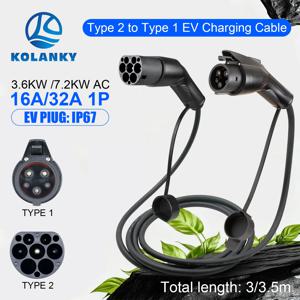 휴대용 32A 7.2KW EV 충전 케이블 타입2에서 타입1로 EV 하이브리드 PHEV 차량용 전체 길이 3.5/4M 공용 충전소 포함