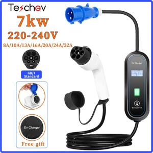 테셰브 7KW EV 휴대용 충전기 220V J1772 타입1 IEC62196 타입2 GBT 충전기 32A 조절 가능한 전류 충전기 전기차용