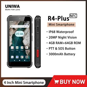 UNIWA R4-Plus 견고한 4G 미니 스마트폰, 4 인치 터치 스크린, 옥타 코어, 4GB RAM + 64GB ROM, 안드로이드 14 휴대폰, 3000mAh SOS NFC