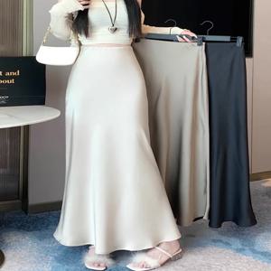 2026 여름 새틴 스커트 여성용 롱 스커트 실크 하이웨이스트 슬림 패션 한국 스타일 솔리드 샴페인 블랙 미디 스커트