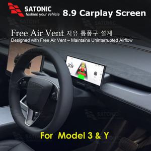 SATONIC 8.9인치 디지털 계기판 카플레이 대시보드 (테슬라 모델 3 & Y용) 무료 에어벤트 지원 OTA 전방 카메라