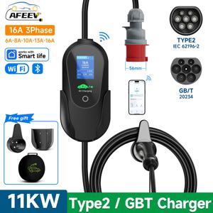 AFEEV 11KW 16A 3상 휴대용 EV 충전기 Type2 IEC62196-2 고속 충전 케이블 GB/T 20234 Wallbox EVSE CEE 플러그 WiFi APP 제어