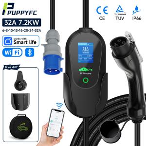 Puppyfc 7.2KW 휴대용 EV 충전기 32A Type1/Type 2Fast 가정용 전기 자동차 충전소 WiFi 제어 IP66 방수 과부하