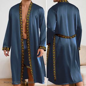 봄 여름 남성 긴 가운 반바지 세트 잠옷 실키 새틴 기모노 목욕 가운 가운 느슨한 캐주얼 Pijamas Sleepwear Homewear
