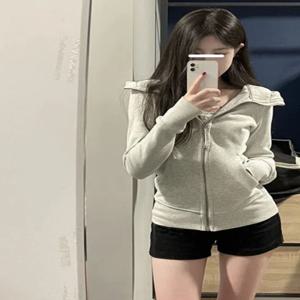 그레이 후드 플리스 안감 스포츠 스웨트셔츠 여성용 가을 겨울 슬림핏 캐주얼 다용도 아우터웨어 슬리밍 효과
