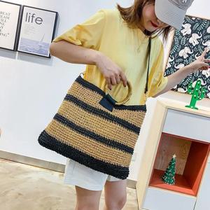 캐주얼 스트라이프 밀짚 가방 대나무 손잡이 여성 핸드백 위커 짠 어깨 Crossbbody 가방 등나무 여름 해변 대형 토트 2021