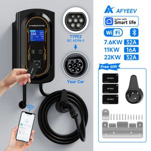 AFYEEV EV 충전기 32A 7.6KW 전기 자동차 자동차 충전기 EVSE Wallbox 11KW 22KW 3상 Type2 케이블 IEC62196-2 소켓 APP 제어